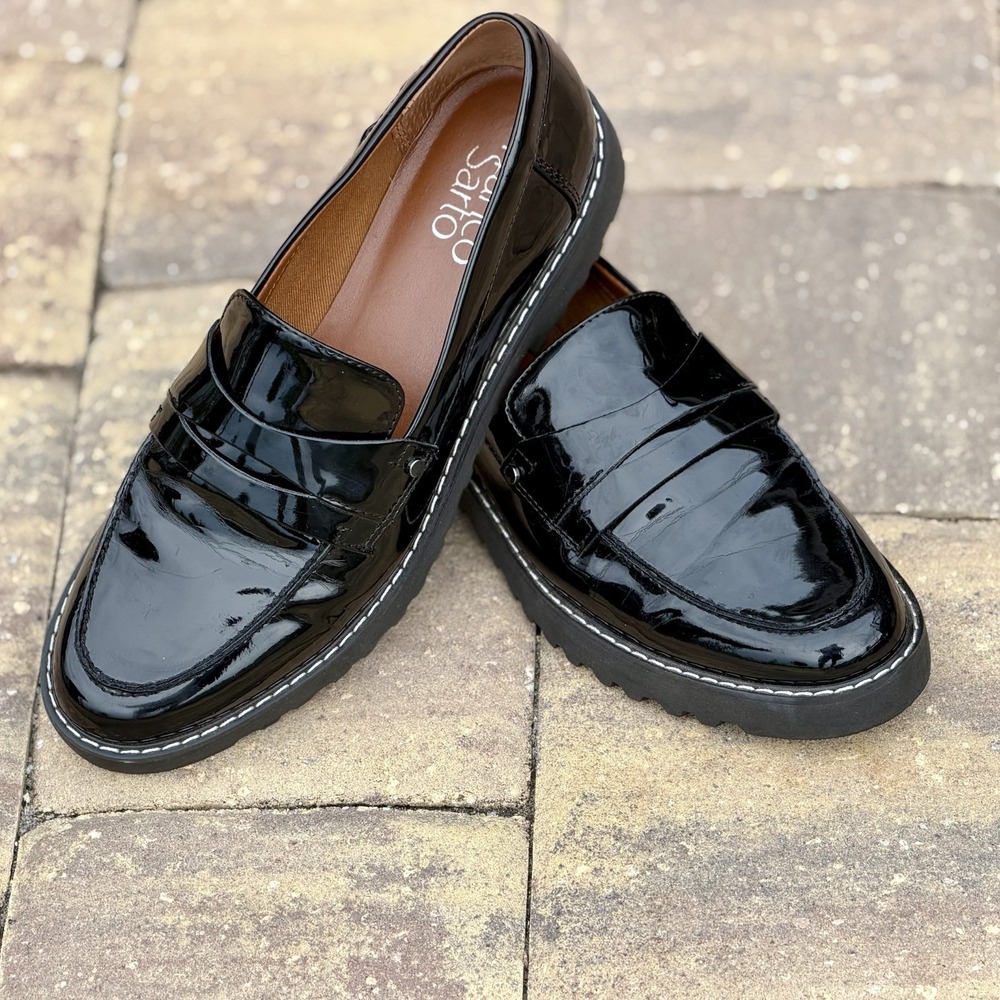 Franco Sarto Cassandra Loafers Women Size 7.5 M Black Patent‎ Penny Lug Sole